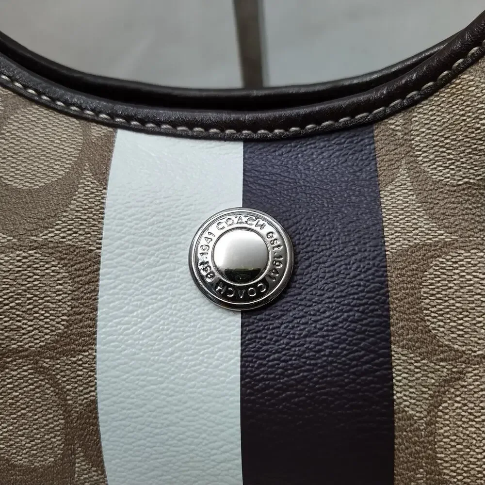 Coach Signature Brown Leather Heritage Strip Zipper Hobo Shoulder Bag